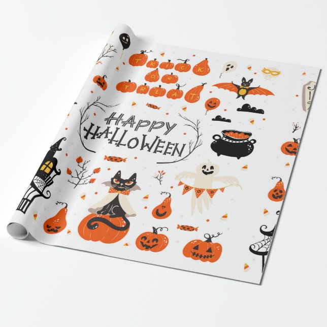 Papier Cadeau Halloween design elements. Halloween cliparts with (Déroulé)