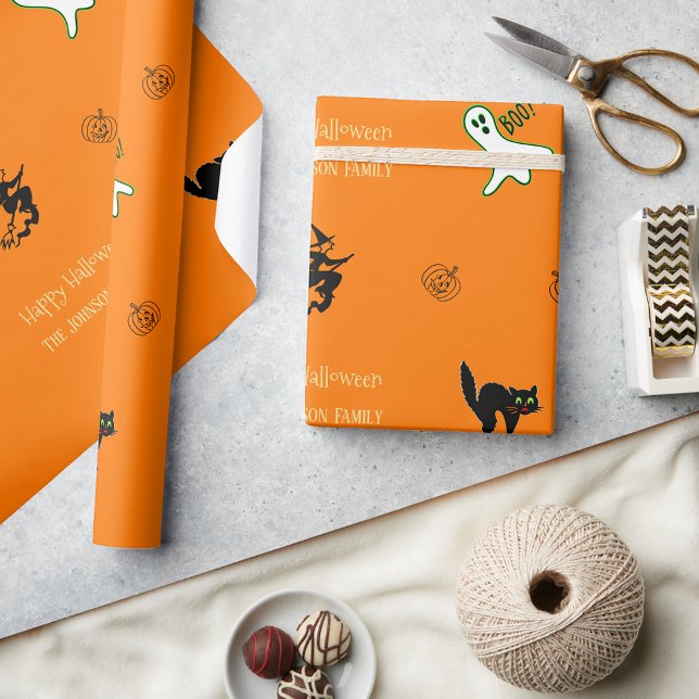 Papier Cadeau Halloween Éffrayant Cat Ghost Sorcière amusant Tex (Halloween Spooky Cat Ghost Witch Fun Custom Text Wrapping Paper)