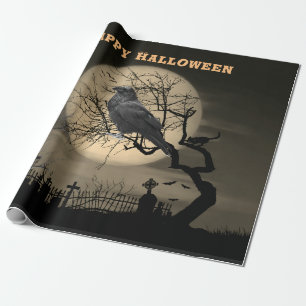 Papier Cadeau Halloween Éffrayant foncé avec corbeau