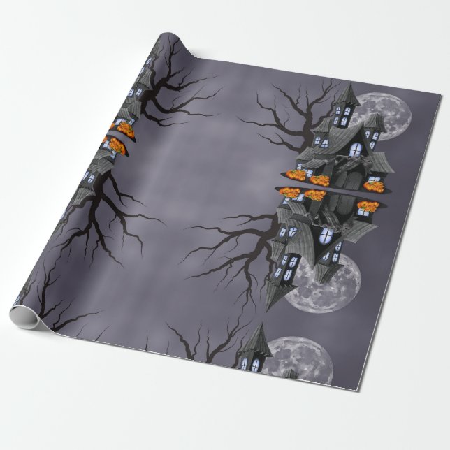 Papier Cadeau Halloween Éffrayant Haunted Maison & Citrouille (Déroulé)