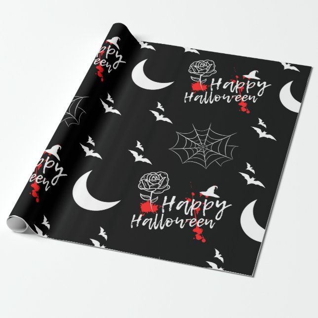 Papier Cadeau Halloween éffrayant noir et blanc heureux (Déroulé)
