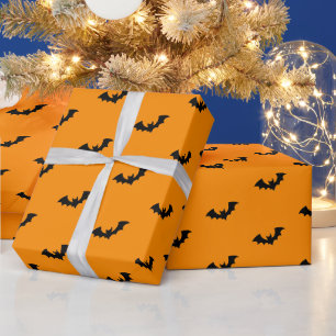 Papier Cadeau Halloween Éffrayant Noir et orange chauves-souris