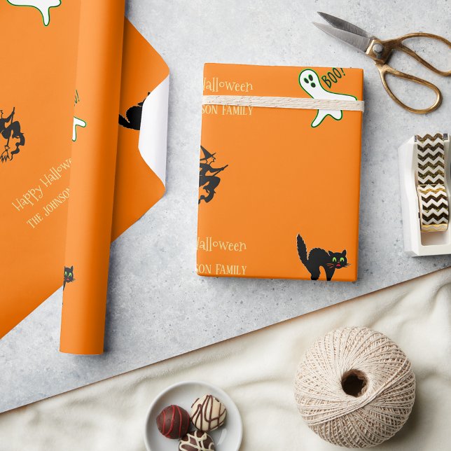 Papier Cadeau Halloween Fun Éffrayant Chat Ghost Sorcière Texte  (Halloween Fun Spooky Cat Ghost Witch Custom Text Wrapping Paper)