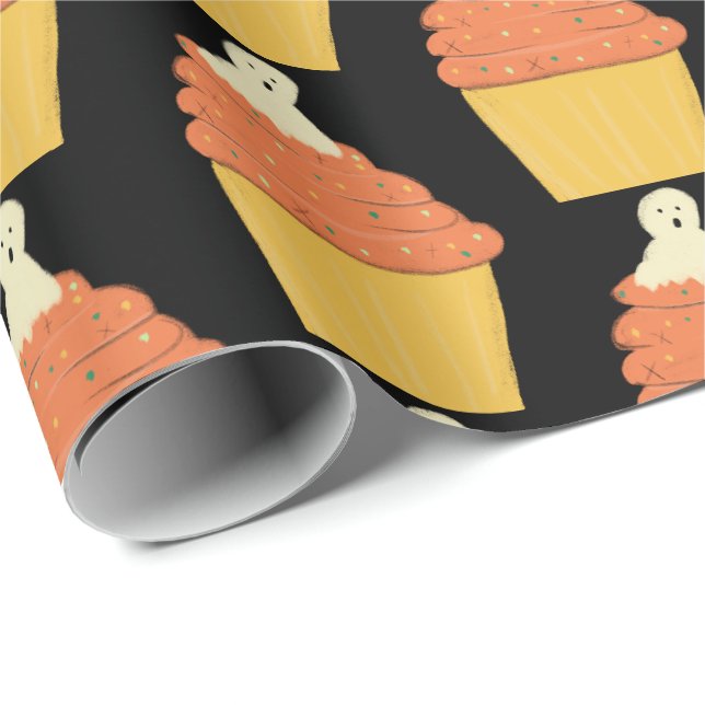Papier Cadeau Halloween Gentil Fantôme sur Cupcakes (Coin rond)