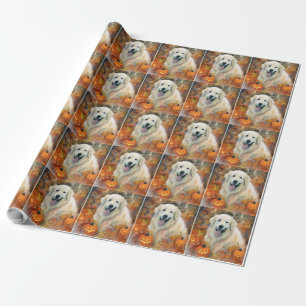 Papier Cadeau Halloween Grand Pyrenees avec citrouilles effrayan