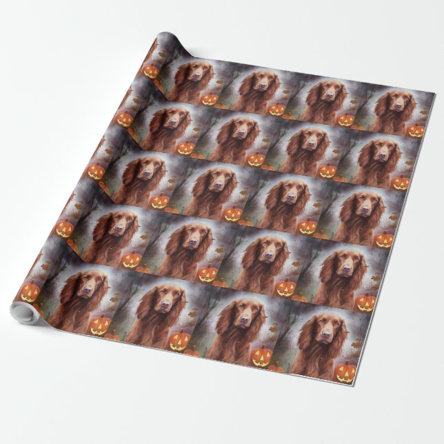 Papier Cadeau Halloween Irish Red Setter avec citrouilles effray (Déroulé)