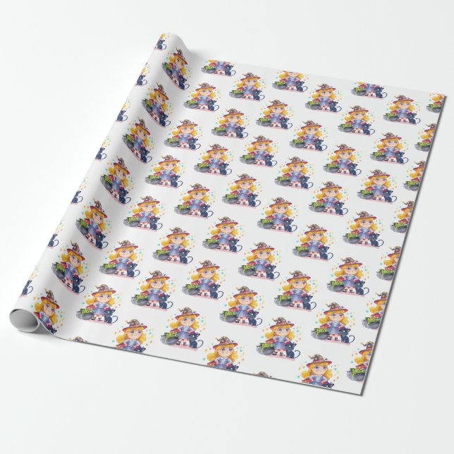 Papier Cadeau Halloween jolie sorcière et chat (Déroulé)