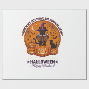 Papier Cadeau Halloween Joyeux Professeur Chat Noir Sorcière Cha