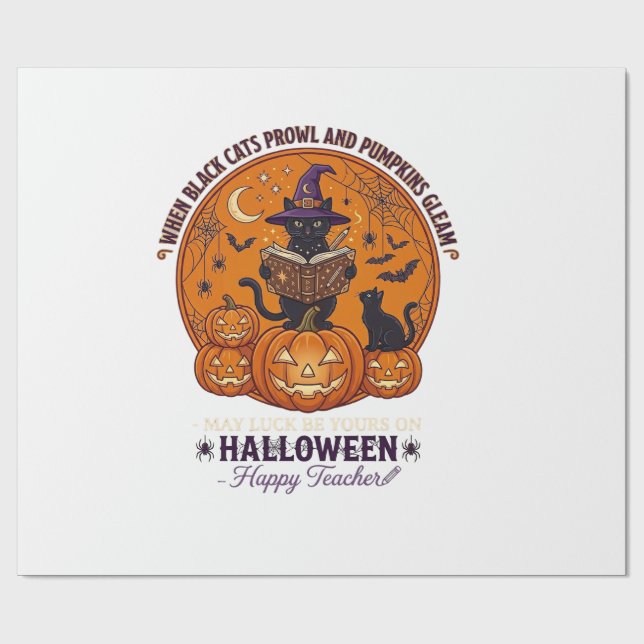 Papier Cadeau Halloween Joyeux Professeur Chat Noir Sorcière Cha (Plat)