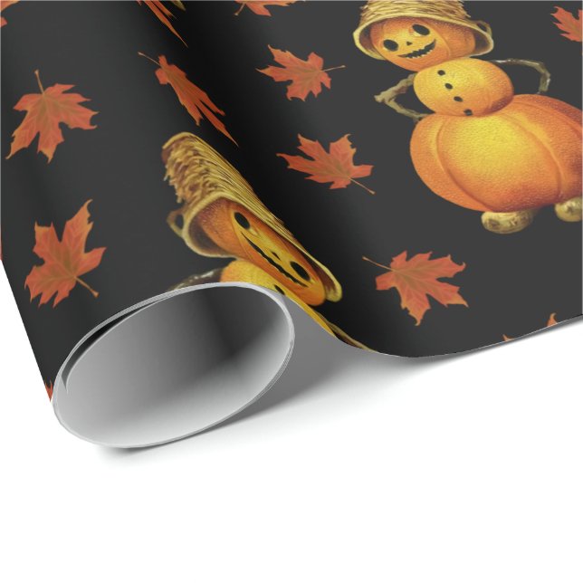 Papier Cadeau Halloween mignon Citrouille Automne quitte Motif (Coin rond)
