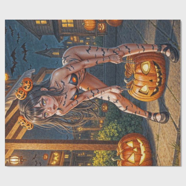 Papier Cadeau Halloween Monster Jack-o-Lantern & Bat Vixen Girl (Plat)