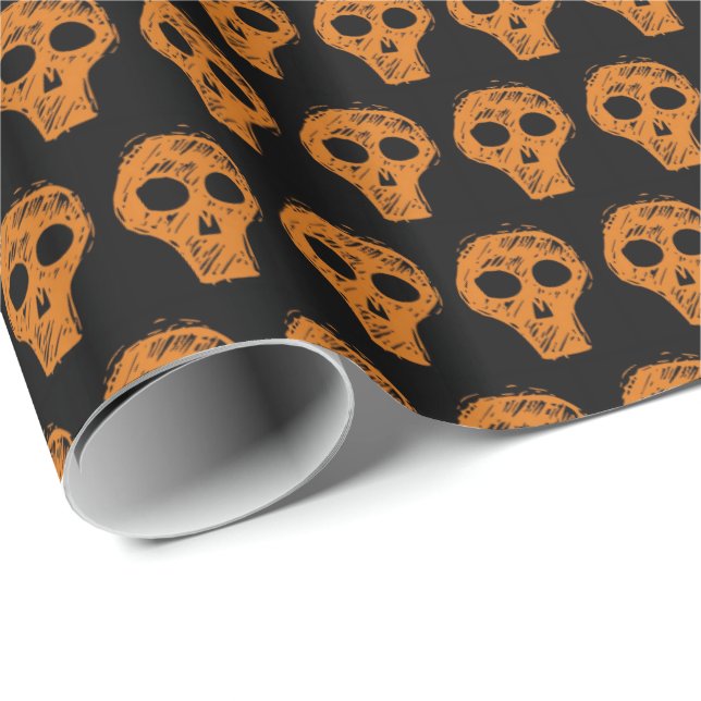 Papier Cadeau Halloween Motif crâne orange noir (Coin rond)