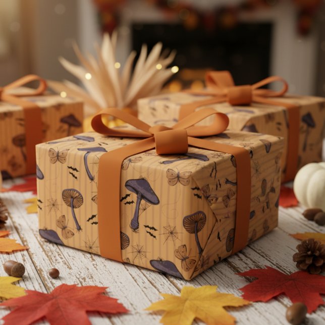 Papier Cadeau Halloween moutarde rayée et papillon (Burnt Orang Fall Striped Autumn Birthday, Halloween Wrapping Paper. Mushrooms, Butterflies, Bats)