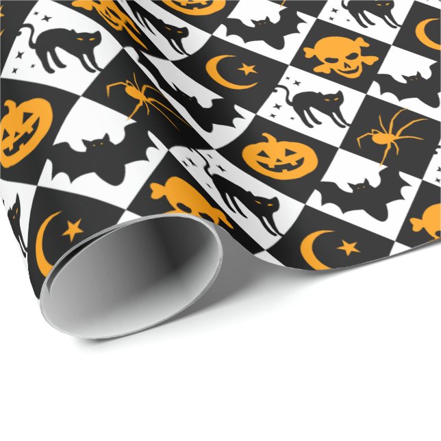 Papier Cadeau Halloween noir blanc Orange arlequin Motif (Coin rond)