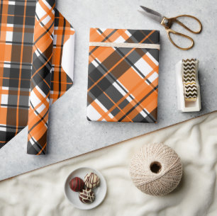 Papier Cadeau Halloween noir orange et blanc plaid