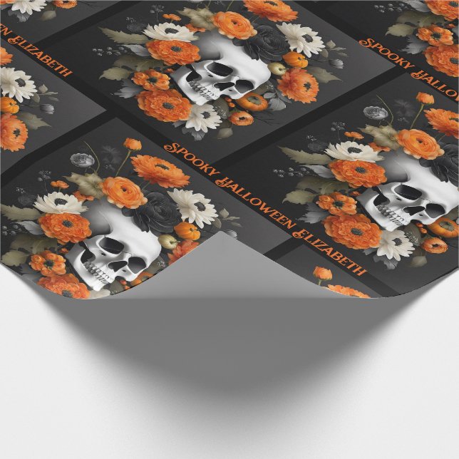 Papier Cadeau Halloween Personnaliser Nom Gothique Crâne & Fleur (Coin)
