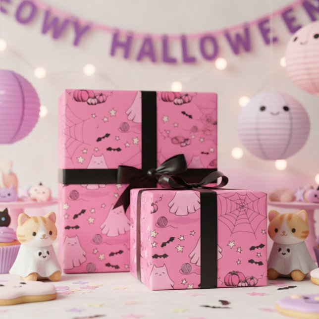 Papier Cadeau Halloween rose et gris mignon Fantôme de chat (Cute Pink Kitty Ghost Halloween Gift Wrap for Kids. Cat Ghost, Pumpkin, Yarn, Bats & Stars Pattern)