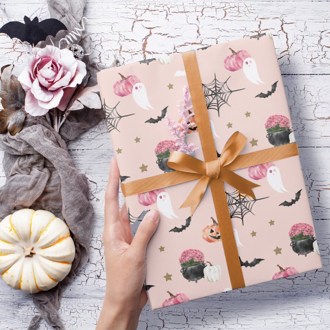 Papier Cadeau Halloween rose et orange Citrouille Web (Fun Halloween Pink & Orange Pumpkin Spider Web Wrapping Paper)