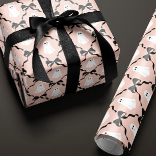Papier Cadeau Halloween rose rose mignon fantômes et vaches noir