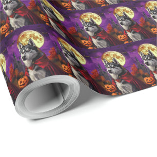 Papier Cadeau Halloween Sibérie Husky Vampire Citrouilles effroi