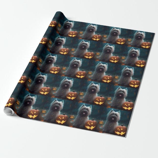 Papier Cadeau Halloween Skye Terrier Avec La Peur Citrouille (Déroulé)