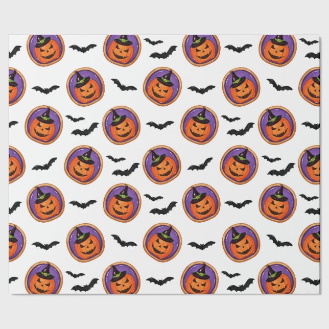 Papier Cadeau Halloween Traite Jack-O-Lantern Cookie & Bats (Couture)
