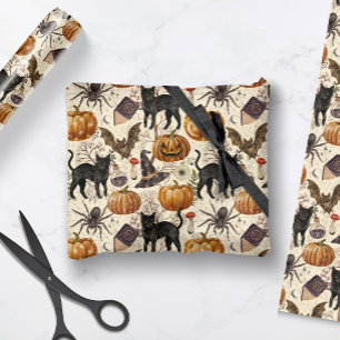 Papier Cadeau Halloween Vintage Chats Noirs & Citrouilles