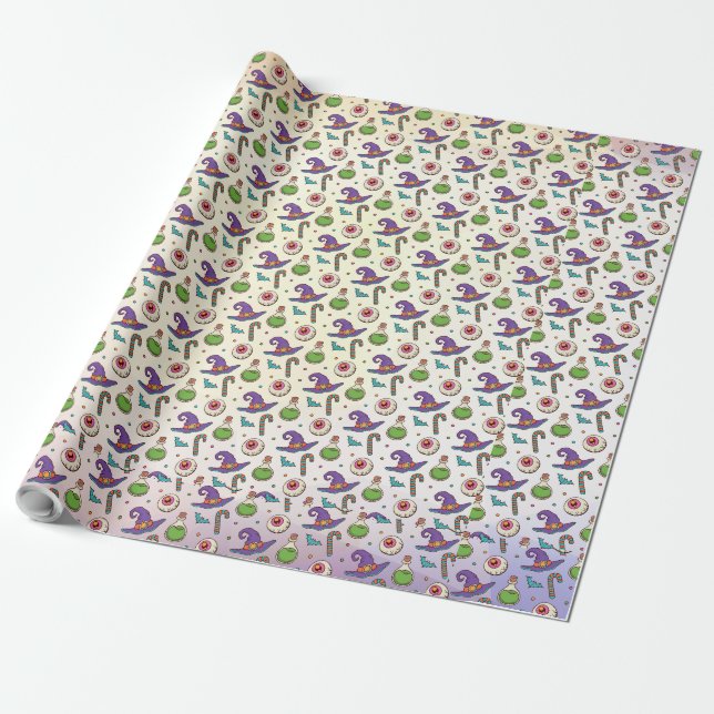 Papier Cadeau Halloween violet amusant, Green Magic Witchtle Wra (Déroulé)