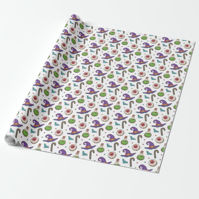 Papier Cadeau Halloween violet amusant, Green Magic Witchtle Wra (Déroulé)
