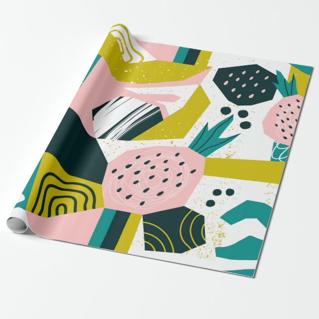 Papier Cadeau Hand drawn pineapples and various shapes, spots, d (Déroulé)