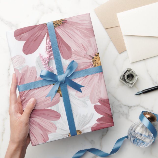 Papier Cadeau Hand Drawn Pink Daisy White Floral Pattern (Cadeaux)