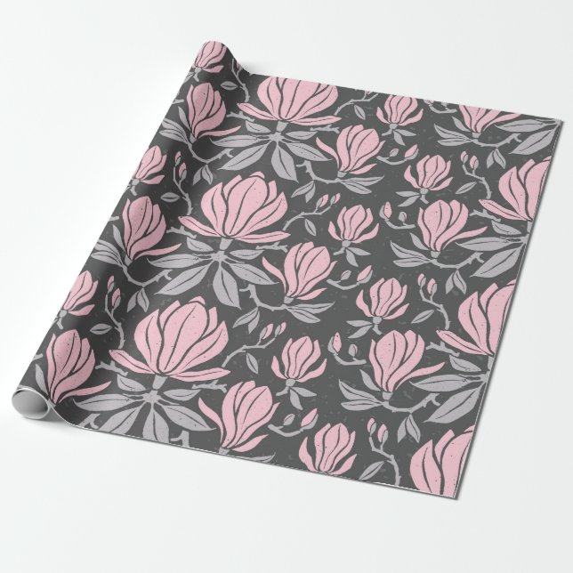 Papier Cadeau Hand-drawn seamless pattern with magnolia flowers. (Déroulé)