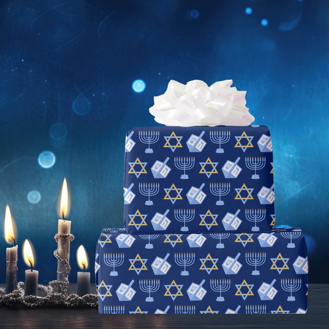 Papier Cadeau Hanoukka Blue Menorah Dreidel Motif Chanukah (Créateur téléchargé)