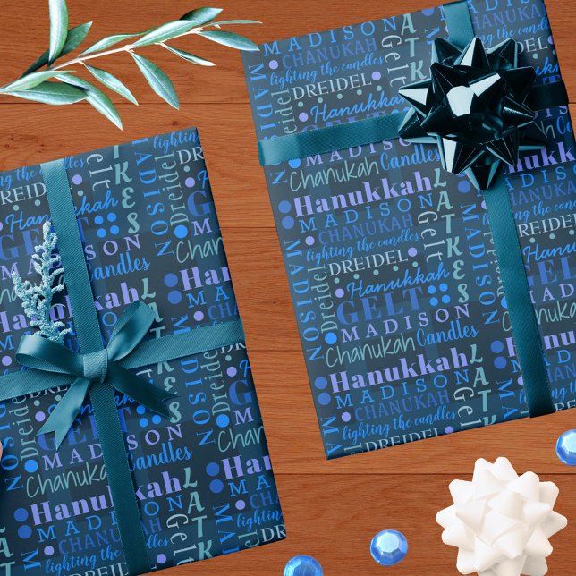 Papier Cadeau Hanoukka Collage Bleu foncé Cool mou Enfants Nom (Créateur téléchargé)