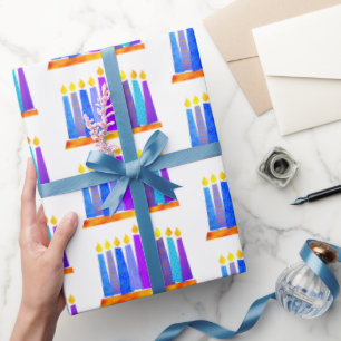 Papier Cadeau Hanoukka Fun Artsy Blue Boho Motif bougies Blanc