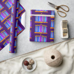 Papier Cadeau Hanoukka Ménorah en Tirage Gras bougies sur pourpr<br><div class="desc">Une illustration ludique, moderne, artistique des bougies motifs de boho funky, ludique, dans une menorah vous aide à inaugurer les vacances de Hanoukka. Des bougies bleues assorties de motifs de fausse feuille colorés recouvrent un riche arrière - plan de prune violette. Sentez la chaleur et la joie de la saison...</div>