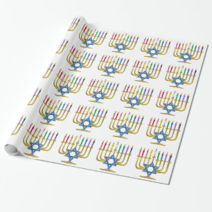 Papier Cadeau Hanoukka Rainbow Candles Gold Menorah