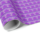 Papier Cadeau Hanoukka Silver Menorah sur Purple<br><div class="desc">Papier enveloppant avec menorah argent avec bougies bleues et motif de flamme de bougie jaune sur un arrière - plan violet. Personnalisable . Parfait pour la fête juive d'Hanoukka (Chanukah).</div>