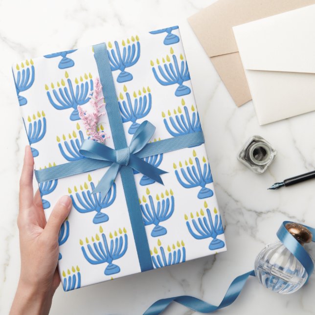 Papier Cadeau Hanukkah Botanical Menorah Watercolor Blue (Cadeaux)