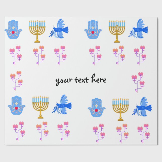 Papier Cadeau Hanukkah Wrapping Paper – Menorah, Hamsa, Dove (Plat)
