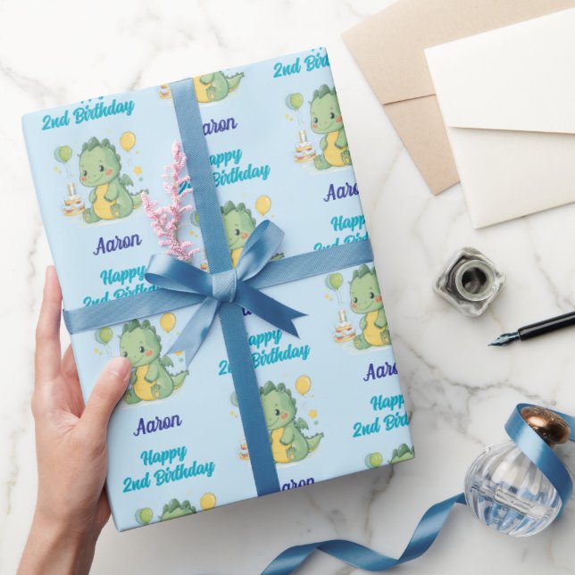 Papier Cadeau Happy 2nd Birthday, Dragon, Boy, Personalized  (Cadeaux)