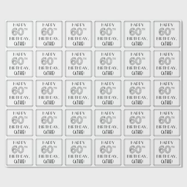Papier Cadeau HAPPY 60E ANNIVERSAIRE ; Style Art Déco ; Nom pers (Plat)