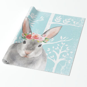 Papier Cadeau Happy Animal avec Fleurs en Forêt Bleue-Lapin