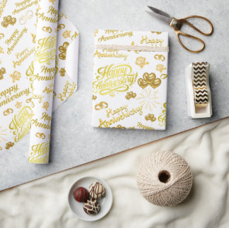 Papier Cadeau Happy Anniversary  Elegant Gold Text