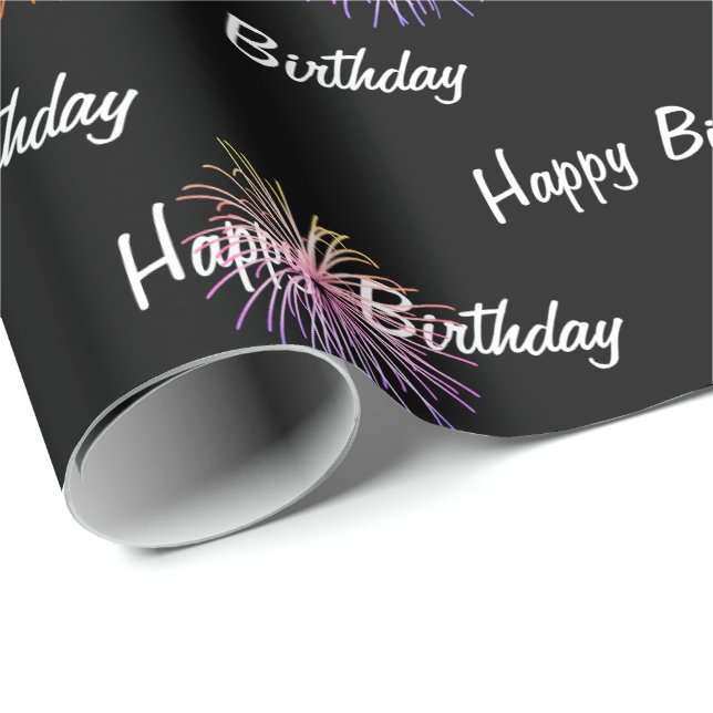 Papier Cadeau Happy Birthday fireworks on black (Coin rond)