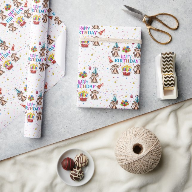 Papier Cadeau Happy Birthday Wrapping Paper Monkey Cupcake  (Artisanat)