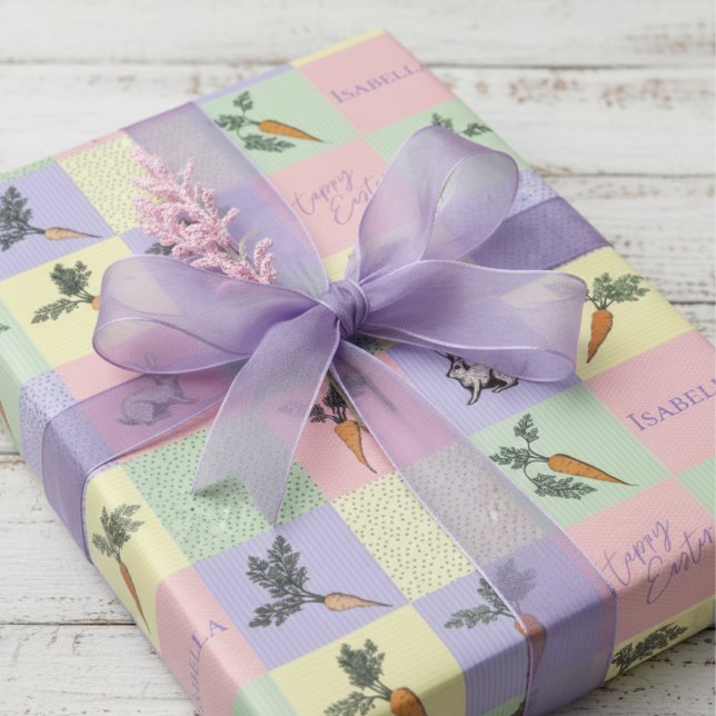 Papier Cadeau Happy Easter Rabbit & Carrot Squares (Happy Easter Wrapping Paper for Her. Colorful Pastel Purple Rabbit & Carrot Veggies Illustration)