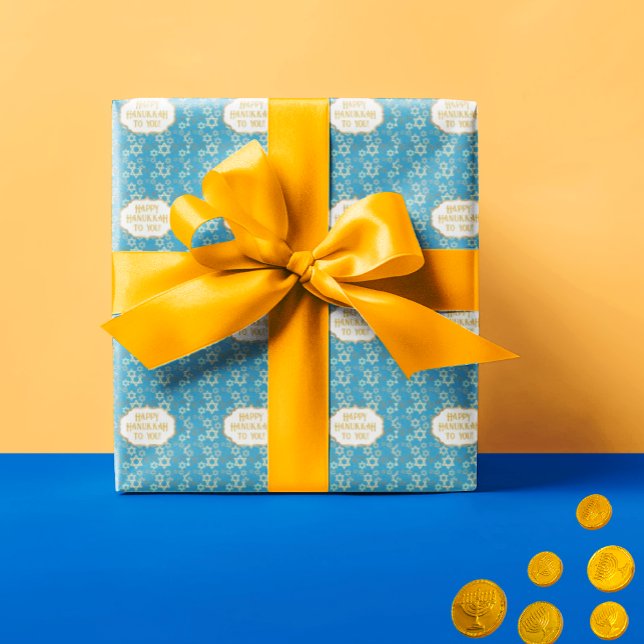 Papier Cadeau Happy Hannukah Etoile contemporaine de David (Stars of David on blue background wrapping paper.)
