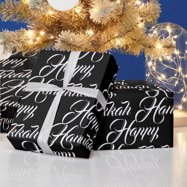 Papier Cadeau Happy Hanoukka noir blanc moderne élégant script (Vacances)