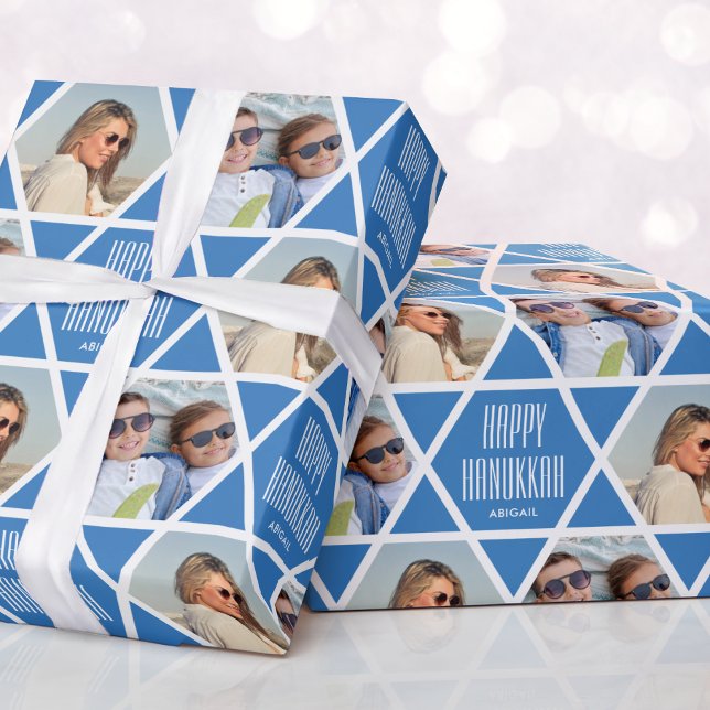 Papier Cadeau Happy Hanoukka Nom & Photos Star Motif Blue (Créateur téléchargé)